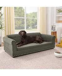 Aostirmotor Oversized Pet Sofa, Modern Linen Fabric Elevated Dog Bed with Backrest & Armrest for Large Dogs