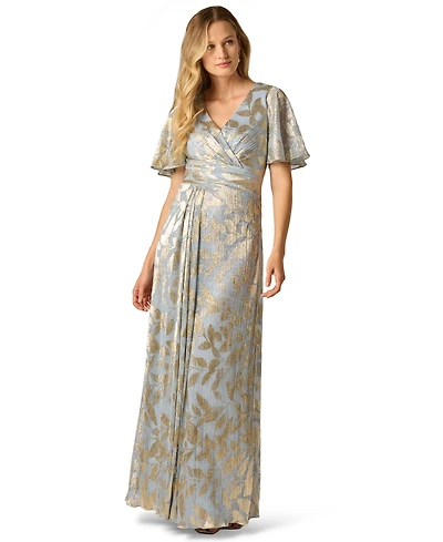 Adrianna Papell Women's Foil Leaf Flutter-Sleeve Draped Gown