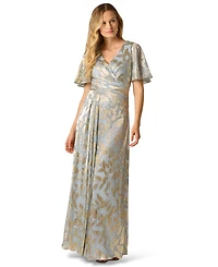 Adrianna Papell Women's Foil Leaf Flutter-Sleeve Draped Gown