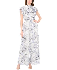 Msk Women's Short-Sleeve Mock Neck Smocked Waist Jumpsuit