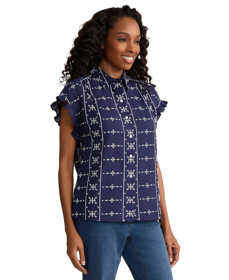 Jones New York Petite Collared Button Front Flutter Short-Sleeve Top