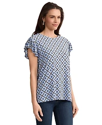 Jones New York Petite Round Neck Flutter Short-Sleeve Top