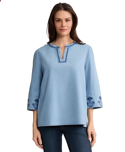 Jones New York Petite V-Neck Embroidered Blouse