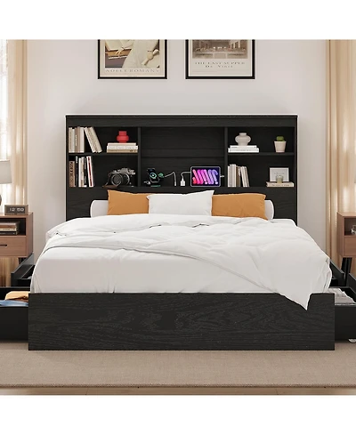 gaomon Bed Frame with Storage Headboard, Wooden Charging Station, Bookcase & Platform 4 Drawers