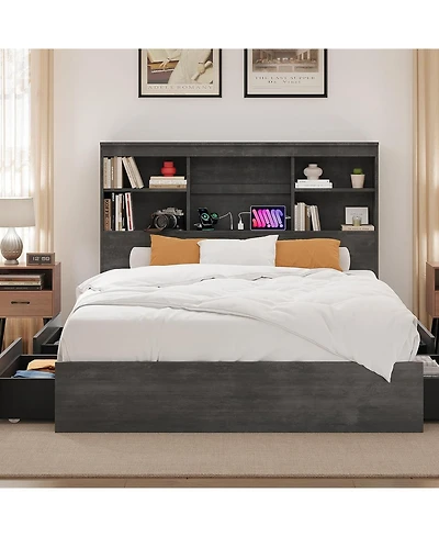 gaomon Bed Frame with Storage Headboard, Wooden Bed Frame with Charging Station, Storage Bookcase & Platform Bed with 4 Drawers