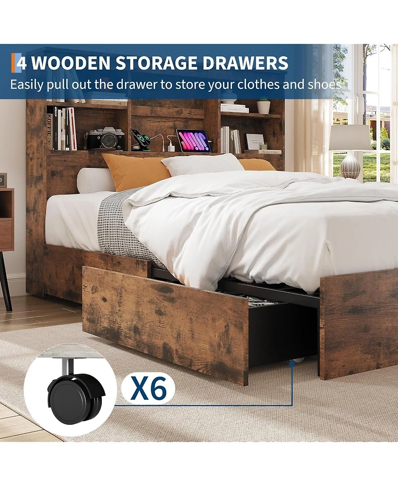 gaomon Bed Frame with Storage Headboard, Wooden Charging Station