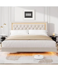 gaomon Floating Bed Frame with Smart Led Lights, Upholstered Platform Diamond Headboard, Solid Wood Slats Support