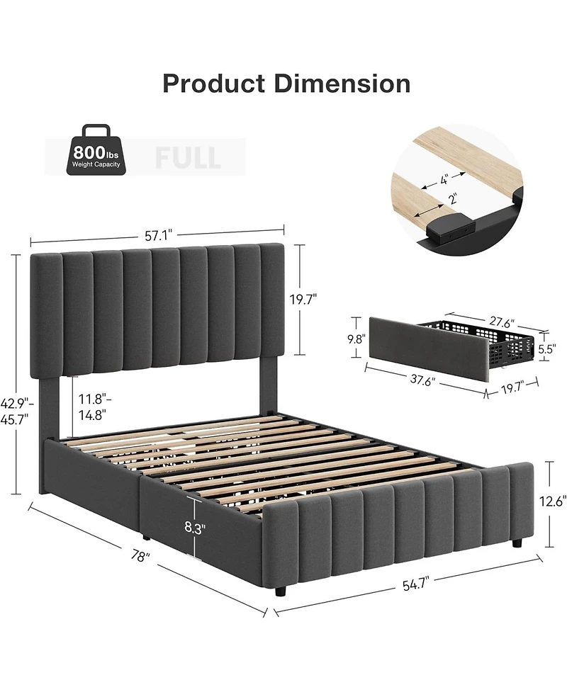 gaomon Linen Upholstered Bed Frame with 4 Storage Drawers, Adjustable Headboard, Sturdy Wooden Slats, No Box Spring Required, Easy Assembly