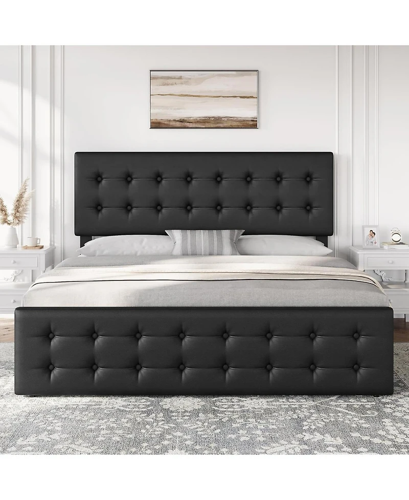 gaomon Bed Frame with 4 Storage Drawers & Headboard, Flax Fabric Upholstered Platform Wooden Slats Support, Button Tufted Design