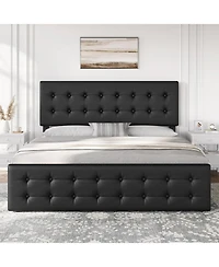 gaomon Bed Frame with 4 Storage Drawers & Headboard, Flax Fabric Upholstered Platform Wooden Slats Support, Button Tufted Design
