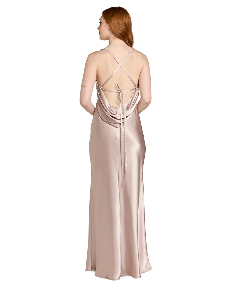 Morgan & Company Juniors' Drape Back Cowl Neck Long Gown