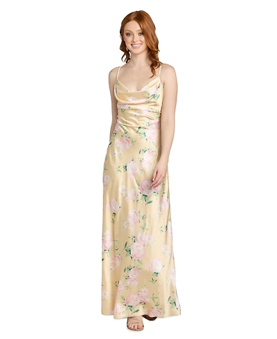 Morgan & Company Juniors' Floral Printed Cowl Neck Long Gown