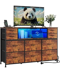 gaomon 10 Fabric Drawers Dresser with Led Lights, Entertainment Center with Charging Station, Wood Top, Open Shelves, Tv Stand for 40"-55" T