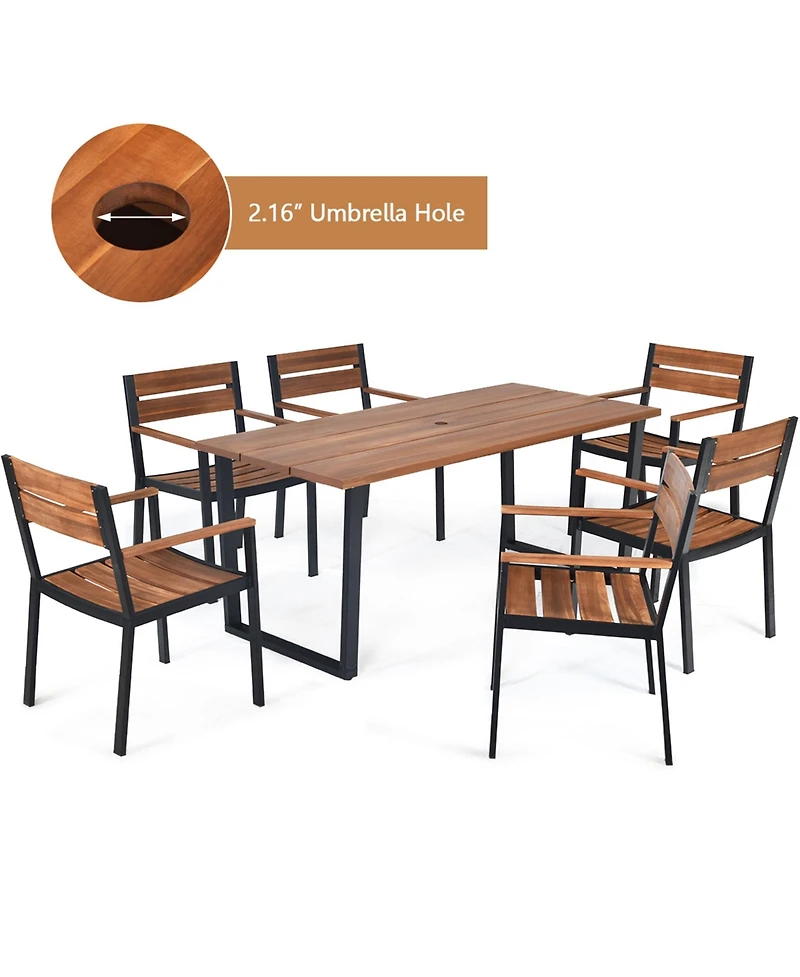 Gymax Patented 7PCS Patio Dining Set Outdoor Furniture Set w/ 6 Armchairs Umbrella Hole