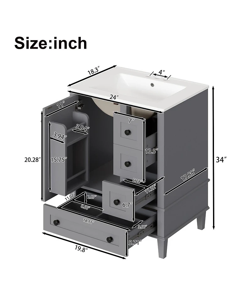 Sillysis 24" Bathroom Vanity with Sink, Modern Multi-Drawer Storage with Soft Close, Easy Assembly for Small Spaces-Sillysis