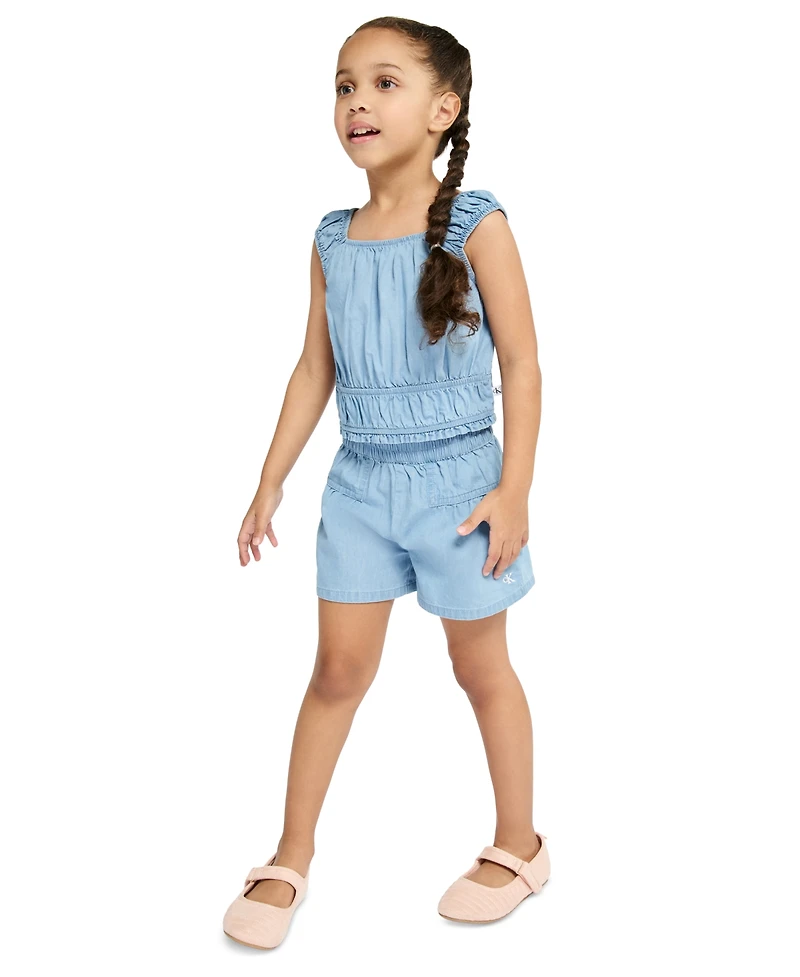 Calvin Klein Girls' 2T-6X Smocked Denim Top and Shorts, 2-Piece Set