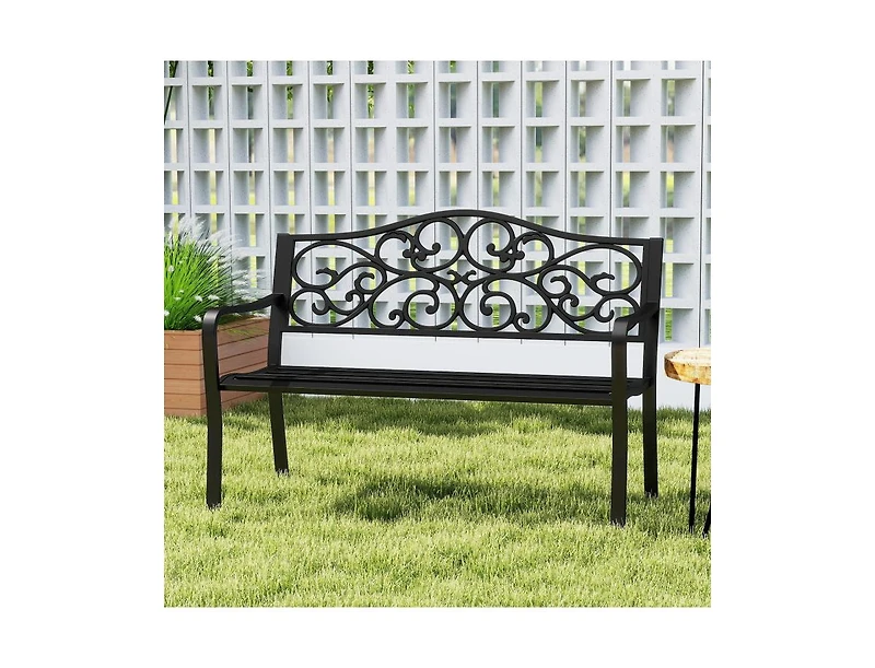 Slickblue 50 Inch Cast Iron Patio Bench with Floral Design Backrest