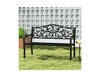 Slickblue 50 Inch Cast Iron Patio Bench with Floral Design Backrest