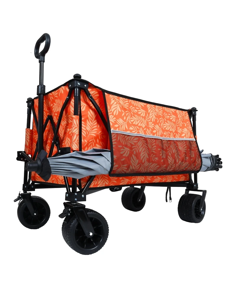 sumyeg Outdoor Storage Collapsible Foldable Wagon Cart with All Terrain Wheels, Drink Holders, Brakes, Side Pocket and Picnic Mat