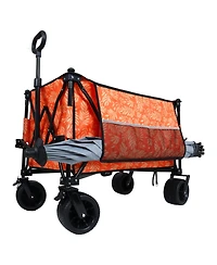 sumyeg Outdoor Storage Collapsible Foldable Wagon Cart with All Terrain Wheels, Drink Holders, Brakes, Side Pocket and Picnic Mat