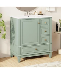 Sillysis 30" Solid Wood & Mdf Vanity Ceramic Sink Soft Close Storage Bathroom Vanity