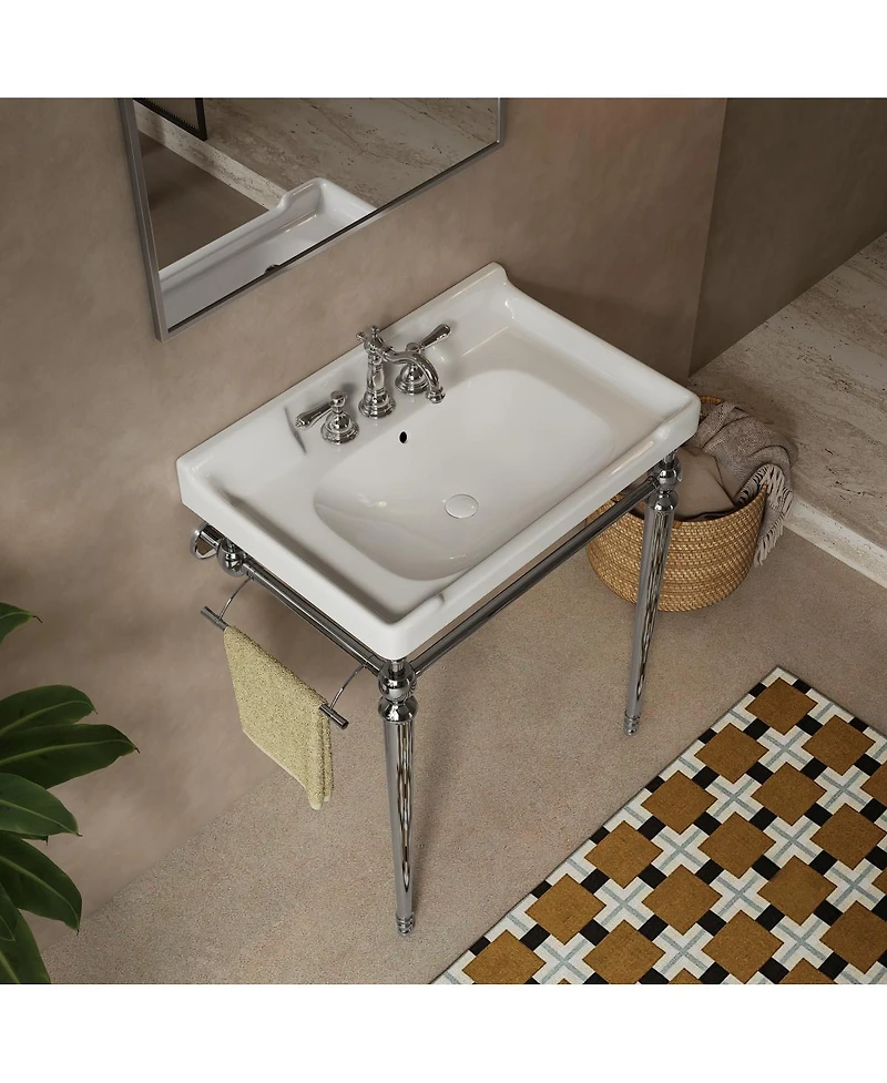 Sillysis 28" Bathroom Console Sink with White Ceramic Vanity, Wall Mounted Basin & Stainless Steel Legs, Towel Bar Included