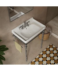 Sillysis 28" Bathroom Console Sink with White Ceramic Vanity, Wall Mounted Basin & Stainless Steel Legs, Towel Bar Included