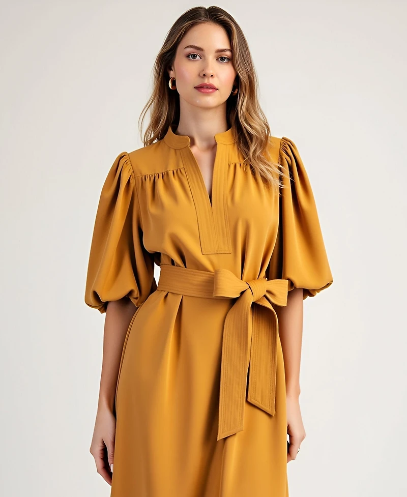 Modenaire Women's Belted Puff Sleeve Midi Dress