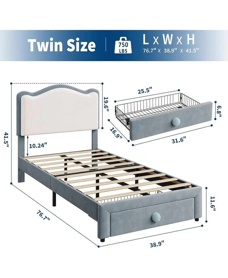gaomon Upholstered Twin Bed Frame with Storage Drawer & Scallop Headboard, Princess Platform Frames