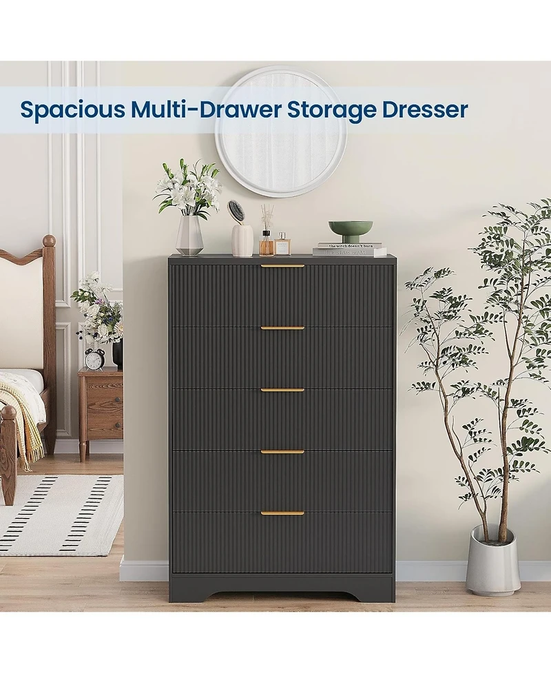 gaomon Dresser for Bedroom with 5 Drawers, Wave Fluted Modern Chest of Tall Wood Storage Organizer Nursery, Hallway, Living Room