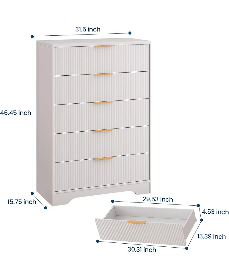 gaomon Dresser for Bedroom with 5 Drawers, Wave Fluted Modern Chest of Tall Wood Storage Organizer Nursery, Hallway, Living Room