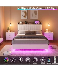 gaomon Floating Bed Frame with Led Lights & Charging Station Upholstered Platform Storage Headboard Wood Slats Support Easy to Assemble