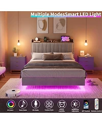 gaomon Floating Bed Frame with Led Lights & Charging Station Upholstered Platform Storage Headboard Wood Slats Support Easy to Assemble