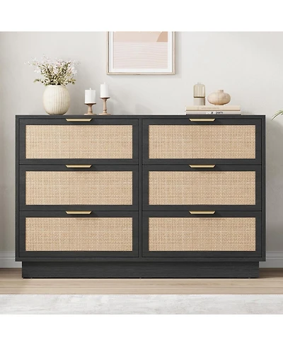 gaomon 6 Drawer Rattan Dresser for Bedroom, Integrated Cabinet Body & Legs Design, Wooden Chest of Drawers for Hallways, Entryways and Closet