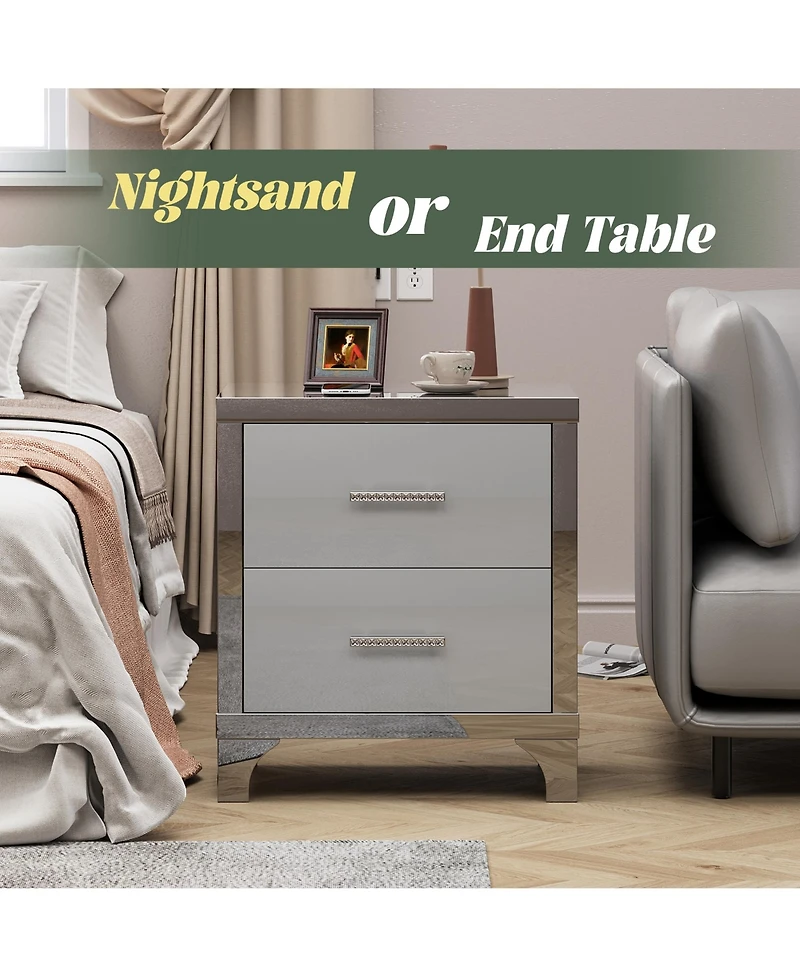 Rainsken High Gloss Mirrored Nightstand, Modern Wood End Table with 2 Drawers and Metal Handle, Bedside End Table for Bedroom