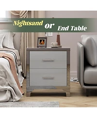 Rainsken High Gloss Mirrored Nightstand, Modern Wood End Table with 2 Drawers and Metal Handle, Bedside End Table for Bedroom