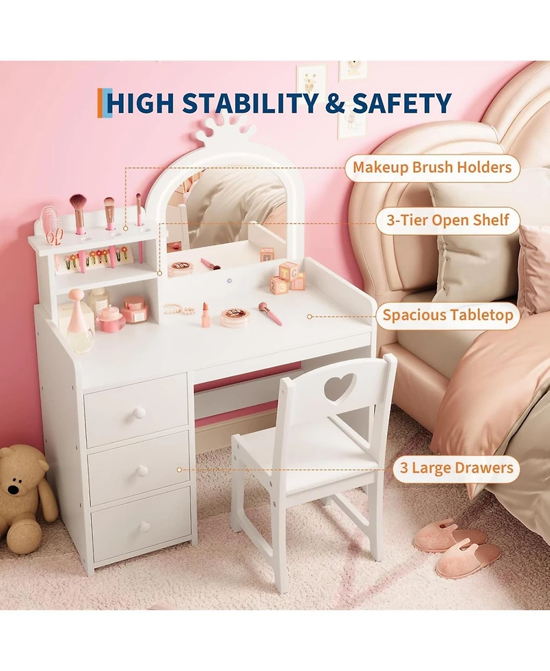 gaomon Kids Vanity Desk with Mirror and Lights, Princess Wooden Makeup Vanity with Chair, Storage Shelves and Drawers