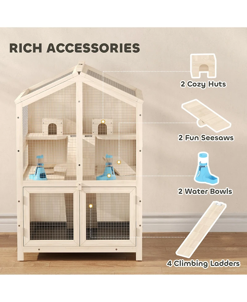 PawHut Wooden Hamster Cage 3 Tier with Pull-Out Tray, Hut, Seesaws, Ramps