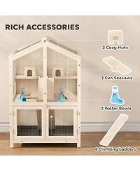 PawHut Wooden Hamster Cage 3 Tier with Pull-Out Tray, Hut, Seesaws, Ramps