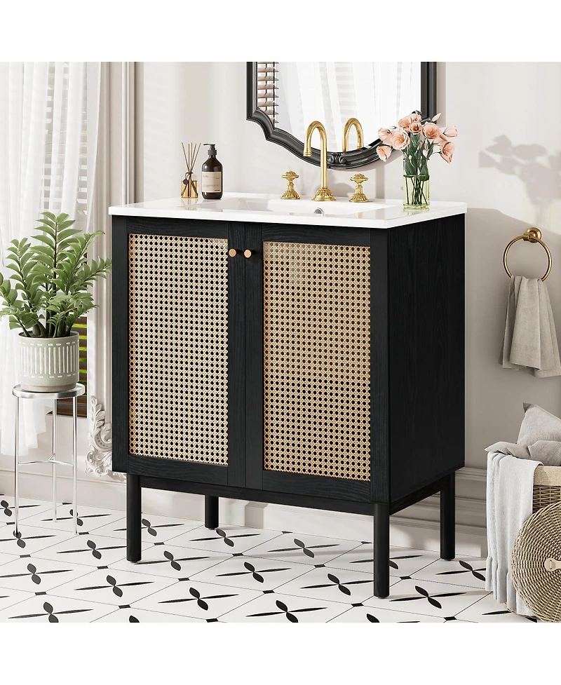 Sillysis Modern Bathroom Vanity with Ceramic Sink, Bamboo & Mdf, Soft Close Rattan Doors, Freestanding Storage Cabinet for Small Spaces