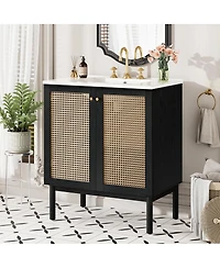 Sillysis Modern Bathroom Vanity with Ceramic Sink, Bamboo & Mdf, Soft Close Rattan Doors, Freestanding Storage Cabinet for Small Spaces