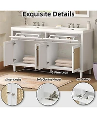 Sillysis 60" Double Sink Bathroom Vanity, Modern Solid Wood Freestanding Cabinet with Smc Top, Rattan Doors & Flip-Out Tray
