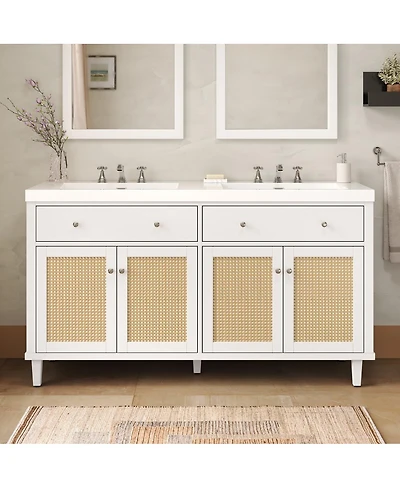 Sillysis 60" Double Sink Bathroom Vanity, Modern Solid Wood Freestanding Cabinet with Smc Top, Rattan Doors & Flip-Out Tray