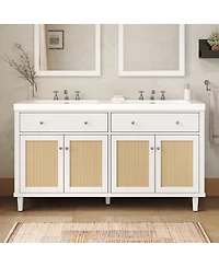 Sillysis 60" Double Sink Bathroom Vanity, Modern Solid Wood Freestanding Cabinet with Smc Top, Rattan Doors & Flip-Out Tray