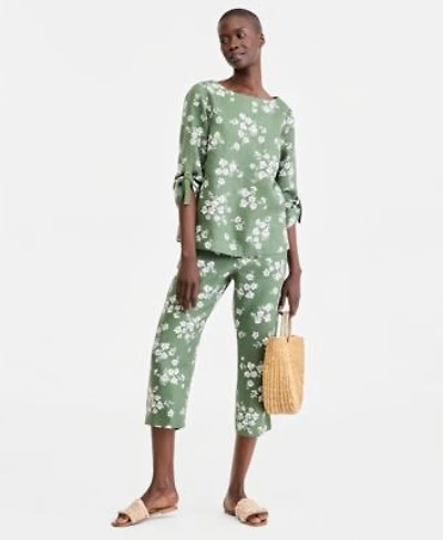 Charter Club Womens 100 Linen Roll Tab Top Cropped Pull On Pants Macys Exclusive