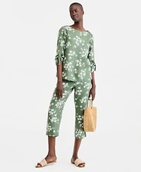 Charter Club Womens 100 Linen Roll Tab Top Cropped Pull On Pants Macys Exclusive