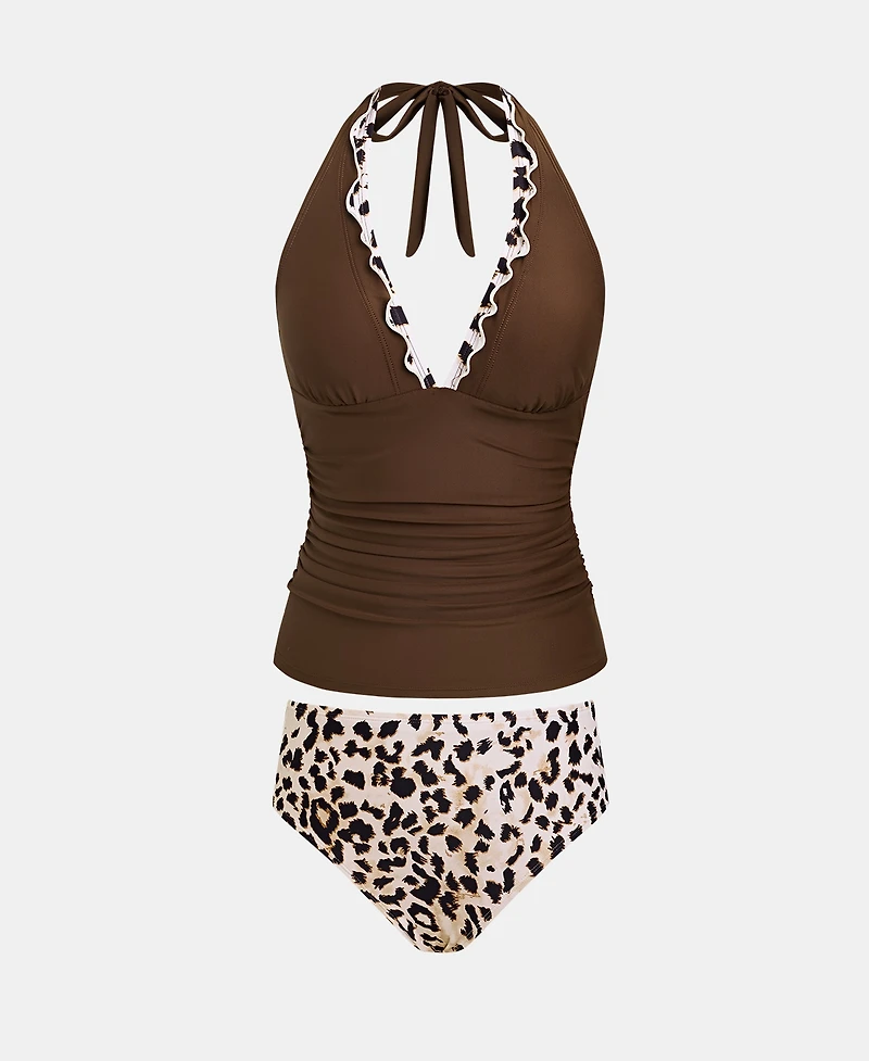 Cupshe Women's V-Neck Halter Tie Tankini Set with Full Coverage