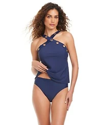 Beyond Control Womens Solid Essentials High Neck Tankini High Waisted Swim Bottoms