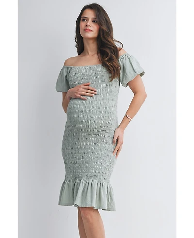 Hello Miz Maternity Off-the-Shoulder Smocked Bodycon Midi Dress with Ruffle Hem