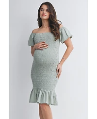 Hello Miz Maternity Off-the-Shoulder Smocked Bodycon Midi Dress with Ruffle Hem